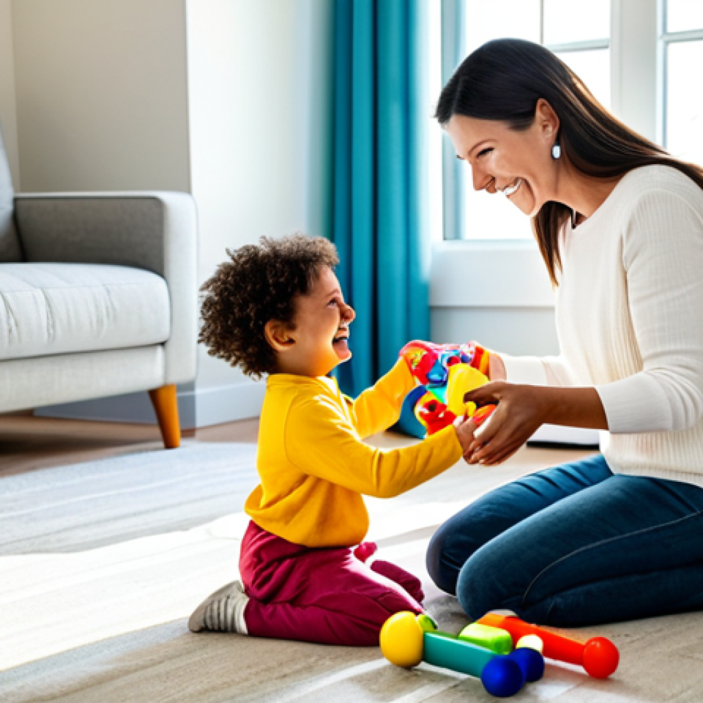 A professional quality photograph of a joyful mother and her young child, both fully clothed in modest, appropriate attire, happily organizing colorful toys in a bright, modern living room. Sunlight streams through a window, illuminating the scene. They are smiling, engaged in the activity, radiating a sense of calm and cooperation. This is a family-friendly scenario, safe for work, with appropriate content, perfect anatomy, correct proportions, well-formed hands, natural body proportions, and a natural pose.