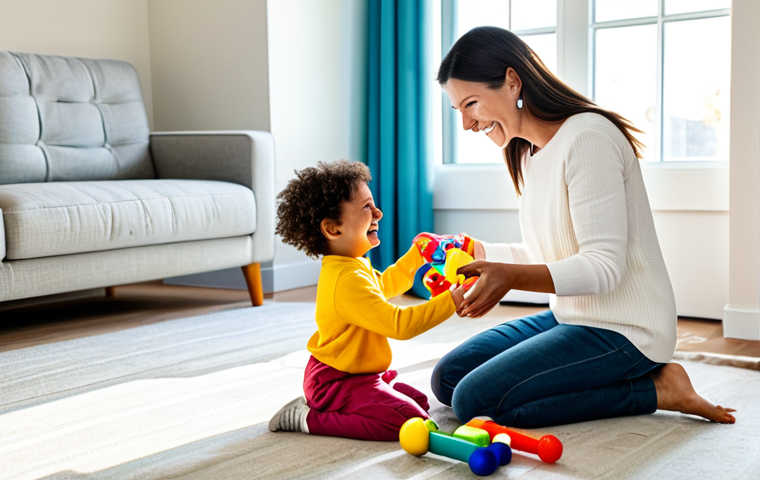 A professional quality photograph of a joyful mother and her young child, both fully clothed in modest, appropriate attire, happily organizing colorful toys in a bright, modern living room. Sunlight streams through a window, illuminating the scene. They are smiling, engaged in the activity, radiating a sense of calm and cooperation. This is a family-friendly scenario, safe for work, with appropriate content, perfect anatomy, correct proportions, well-formed hands, natural body proportions, and a natural pose.