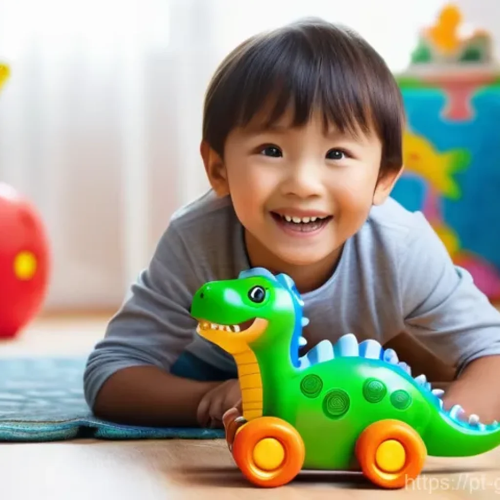 고고다이노 장난감 리뷰 채널 추천 - A cheerful, bright-eyed child, approximately 6-8 years old, wearing comfortable, colorful play cloth...