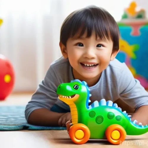 고고다이노 장난감 리뷰 채널 추천 - A cheerful, bright-eyed child, approximately 6-8 years old, wearing comfortable, colorful play cloth...