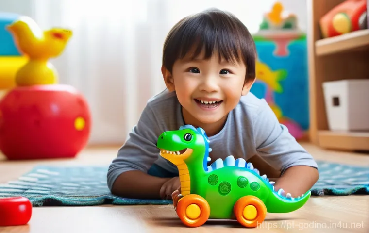고고다이노 장난감 리뷰 채널 추천 - A cheerful, bright-eyed child, approximately 6-8 years old, wearing comfortable, colorful play cloth...