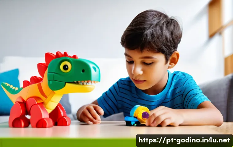 고고다이노 다이노 마스터 컬렉션 - A close-up shot of a young Brazilian boy, around 7 years old, with bright, focused eyes, intently tr...