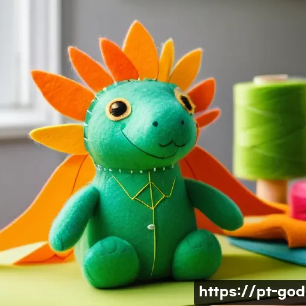 고고다이노 캐릭터 인형 DIY 튜토리얼 - A detailed crafting workspace showing a vibrant Gogodino plush doll made from soft felt fabric in br...