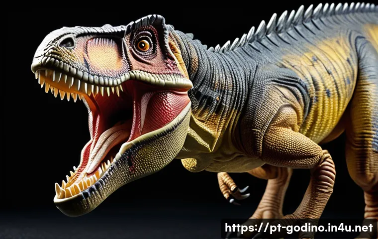 고고다이노 관련 완구 제품군 - A highly detailed close-up of a GoGoDino Tyrannosaurus Rex miniature toy, showcasing realistic scaly...