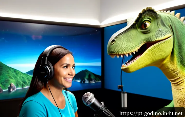 Home 17 고고다이노의 다국어 더빙 현황 - Photorealistic Brazilian Portuguese voice dubbing studio, diverse adult voice actors warmly performi...