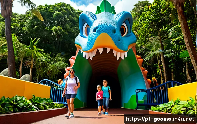 Home 17 고고다이노 테마파크 방문기 - Photorealistic family visit to a colorful dinosaur-themed amusement park in Brazil, parents and two ...